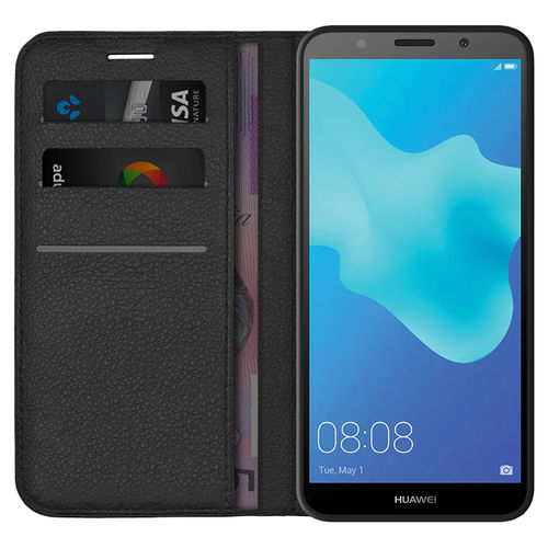 Leather Wallet Case & Card Holder Pouch for Huawei Y5 (2018) - Black